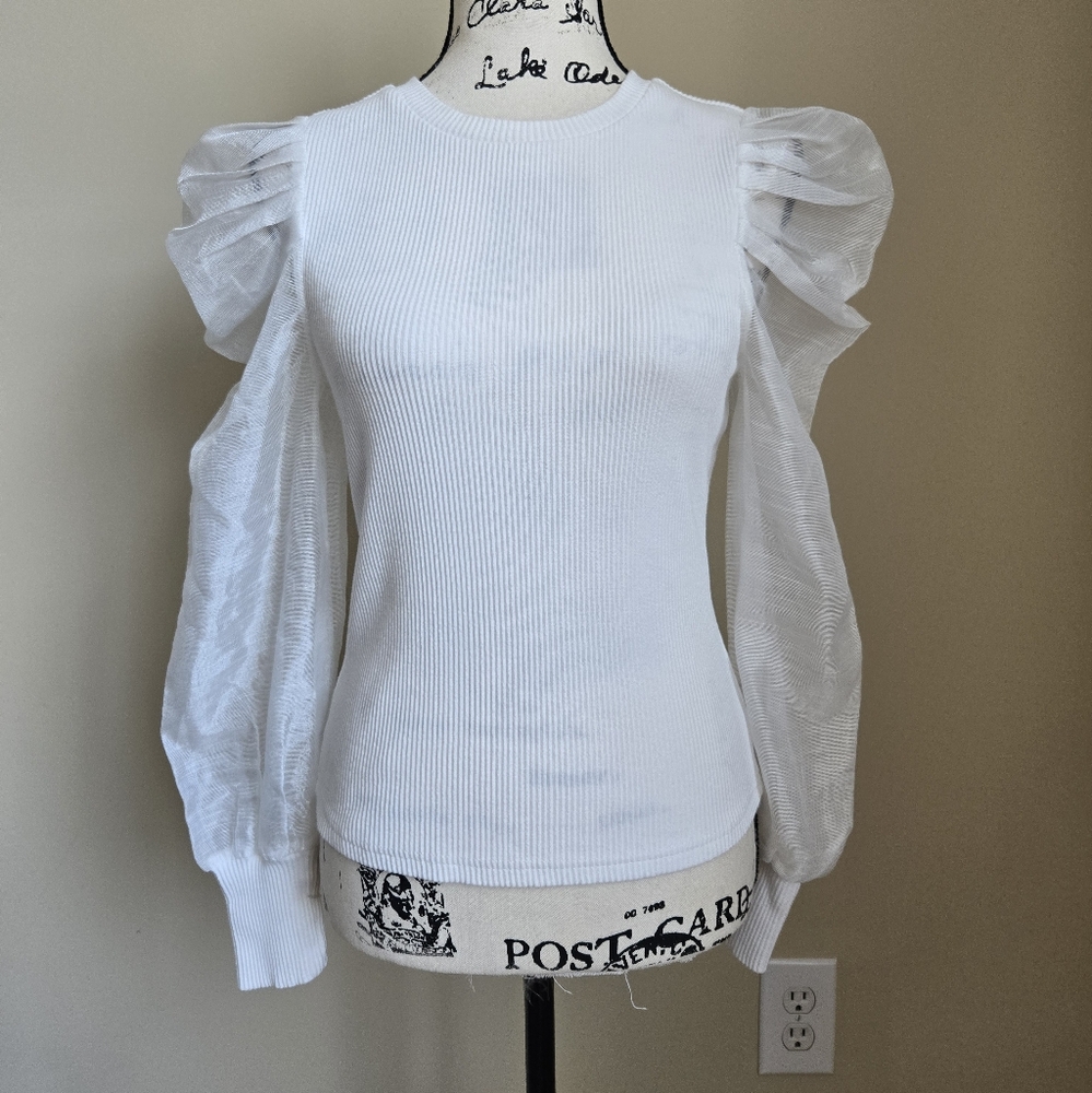 Dolan Anthropologie Puff Sleeve Top Womens S White Mixed Media